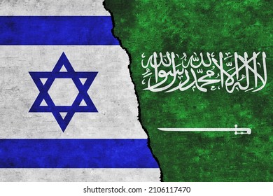 Israel and Saudi Arabia painted flags on a wall with a crack. Israel and Saudi Arabia conflict. Saudi Arabia and Israel flags together. Israel vs Saudi Arabia
