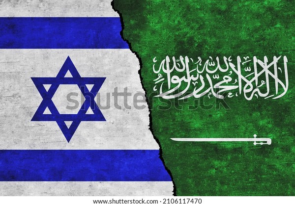 Israel and Saudi Arabia painted\
flags on a wall with a crack. Israel and Saudi Arabia conflict.\
Saudi Arabia and Israel flags together. Israel vs Saudi\
Arabia