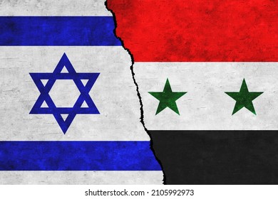 Israel and Syria painted flags on a wall with a crack. Israel and Syria conflict. Syria and Israel flags together.Israel vs Syria