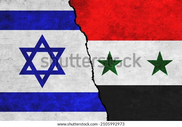 Israel and Syria painted flags on a wall with a\
crack. Israel and Syria conflict. Syria and Israel flags\
together.Israel vs\
Syria