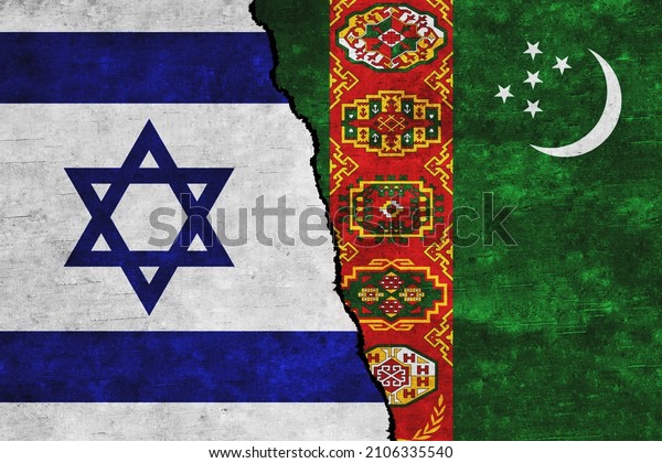Israel and Turkmenistan painted\
flags on a wall with a crack. Israel and Turkmenistan relations.\
Turkmenistan and Israel flags together. Turkmenistan vs\
Israel