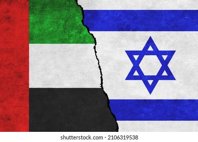 Israel and UAE painted flags on a wall with a crack. Israel and UAE relations. United Arab Emirates and Israel flags together. UAE vs Israel