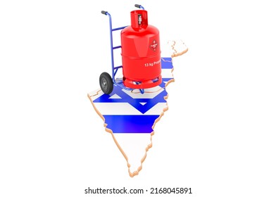 Israeli Map With Propane Gas Cylinder On Hand Truck. Gas Delivery Service In Israel, Concept. 3D Rendering Isolated On White Background