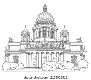 Issac Cathedral In Saint Petersburg Russia, Line Art Architecture Drawing, Hand Drawn City Scape Illustration On White Background