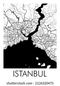 Istanbul city map poster. Minimalist map of Turkey. The transport system of the city. Includes properly grouped map features (water objects, railroads, roads, etc). 