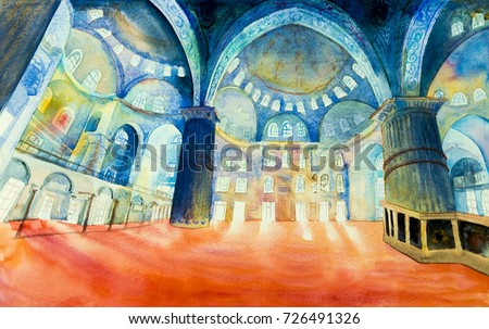 Istanbul, Turkey, The Blue Mosque. A landmark of the world is a tourist attraction in the Turkey.  Watercolor painting landscape, illustration