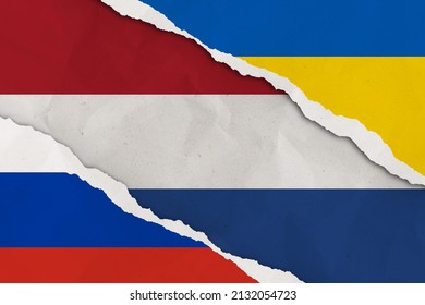 Istanbul, Turkey - February, 24, 2022: Ukraine, Russia, Netherlands Flag Ripped Paper Grunge Background. Abstract Ukraine Russia Politics Conflicts, War Concept Texture Background.