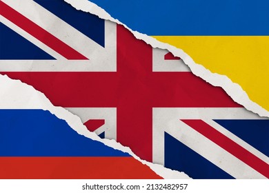 Istanbul, Turkey - February, 24, 2022: Ukraine, Russia, United Kingdom Flag Ripped Paper Grunge Background. Abstract Ukraine Russia Politics Conflicts, War Concept Texture Background.