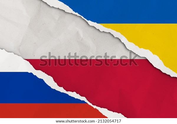 Istanbul,\
Turkey - February, 24, 2022: Ukraine, Russia, Poland flag ripped\
paper grunge background. Abstract Ukraine Russia politics\
conflicts, war concept texture\
background.