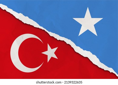 Istanbul, Turkey - March, 26, 2022: Somalia And Turkey Flag Ripped Paper Grunge Background. Abstract Somalia And Turkey Economics, Politics Conflicts, War Concept Texture Background