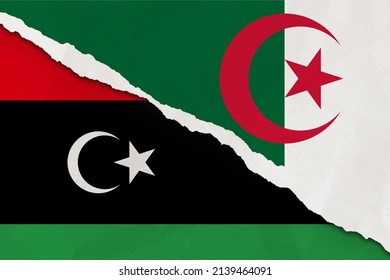 Istanbul, Turkey - March, 26, 2022: Algeria And Libya Flag Ripped Paper Grunge Background