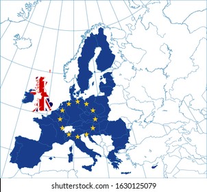 Istanbul/Turkey -30 January 2020: European Union EU Map With Flag And United Kingdom UK Map With Flag After Brexit