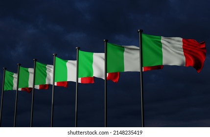 Italia flags, Italia flag with dark sky and clouds. Flags background. 3D work and 3D image