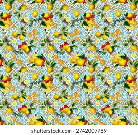 Italian ceramic tile pattern with lemons and blue floral. A vibrant and traditional Italian ceramic tile pattern featuring bright yellow lemons on branches and intricate blue floral motifs, creating a Mediterranean aesthetic for various decor applications 