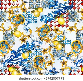 Italian ceramic tile pattern with lemons and blue floral. A vibrant and traditional Italian ceramic tile pattern featuring bright yellow lemons on branches and intricate blue floral motifs, creating a Mediterranean aesthetic for various decor applications 
