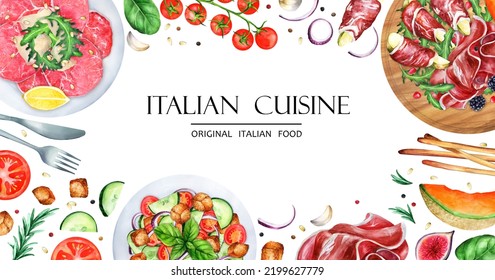 Italian cuisine top view frame. Food menu design template. A set of Italian dishes. Hand-drawn watercolor illustration. Suitable for menus and cookbook, restaurant - Powered by Shutterstock