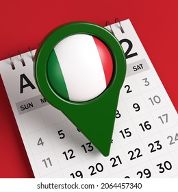 Italian flag and green-colored map pointer. On red-colored background. Square composition with copy space. Isolated with clipping path. 3d render