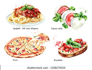 Italian food set. Pizza, spaghetti with sause bolognese, Caprese salad, Bruschetta. Watercolor hand drawn illustration isolated on white background - Powered by Shutterstock