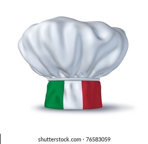 Italian food symbol represented by a chef hat with the flag of Italy isolated on white.
