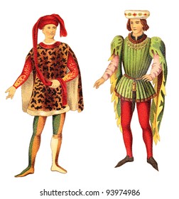 Italian And French Nobleman (Late Middle Ages) / Vintage Illustration From Meyers Konversations-Lexikon 1897