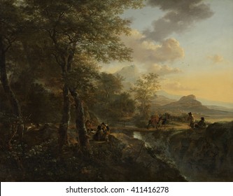 Italian Landscape with a Draughtsman, by Jan Both, 1650-52, Dutch painting, oil on canvas. Walking and riding travelers pass over a bridge in an Italian landscape. Four men on paused on the side of t