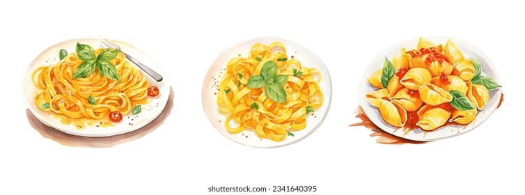 Italian pasta with basil, tomatoes and parmesan cheese. Hand drawn watercolor illustration - Powered by Shutterstock