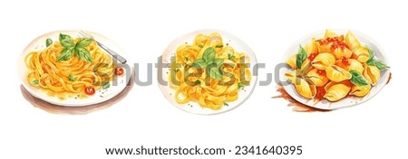 Italian pasta with basil, tomatoes and parmesan cheese. Hand drawn watercolor illustration