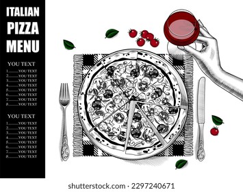 Italian pizza poster. Big round tasty pizza. Female hand holding a glass with red wine. Conceptual design of a restaurant menu. Vintage engraving stylized line drawing.  - Powered by Shutterstock