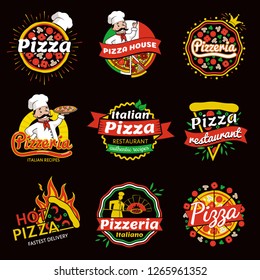 Italian pizza restaurant promotional emblems set with friendly cook that has long mustaches isolated raster illustrations set on black background. - Powered by Shutterstock