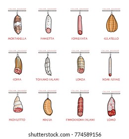 Italian Sausage Set Illustration. Delicatessen Italian Pig Meat, With White, Raw And Country Ham, Salami Slices, Sausage And Bacon. Full Color Illustration On A White Background