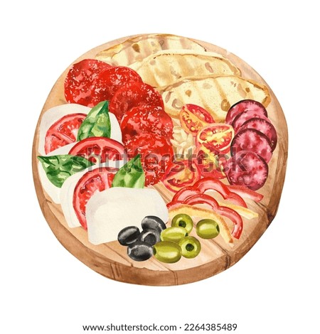 Italian traditional antipasti plate with mozzarella, basil, pepperoni and tomatoes. Watercolor hand painted illustration isolated on white background for menu design, print, social media.