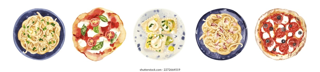 Italian traditional brunch, pizza, pasta and ravioli. Watercolor hand painted illustration isolated on white background for menu design, print, social media. - Powered by Shutterstock