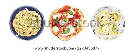 Italian traditional brunch, pizza, pasta and ravioli. Watercolor hand painted illustration isolated on white background for menu design, print, social media.