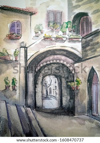Italy city landscape. Watercolor illustration. Old vintage Italian courtyard. Wallpaper, poster or postcard design. Stone arch and staircase on the street of an ancient Italian town landscape. Toscana