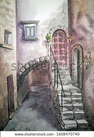 Italy city landscape. Watercolor illustration. Old vintage Italian courtyard. Wallpaper, poster or postcard design. Stone arch and staircase on the street of an ancient Italian town landscape. Toscana