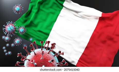 Italy And The Covid Pandemic - Corona Virus Attacking National Flag Of Italy To Symbolize The Fight, Struggle And The Virus Presence In This Country, 3d Illustration