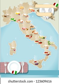 Italy Food Pasta Map Cook Food Traditional Dish Icons. Italian Life Style Infographic with Isolated Elements Illustration.