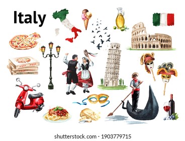 Italy Landmarks and symbols set. Travel concept. Hand drawn watercolor illustration isolated on white background