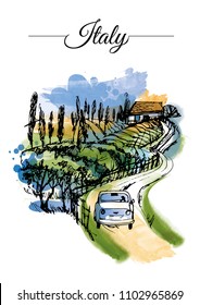 Italy Landscape. Watercolor Illustration