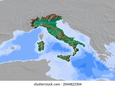 Italy Map, Map Of Italy With Capital And Major Cities - 3D Rendering. 3d Map Colored Considering Vegetation And Land Use.