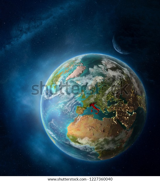 Italy from space on Earth surrounded by space with\
Moon and Milky Way. Detailed planet surface with city lights and\
clouds. 3D illustration. Elements of this image furnished by\
NASA.