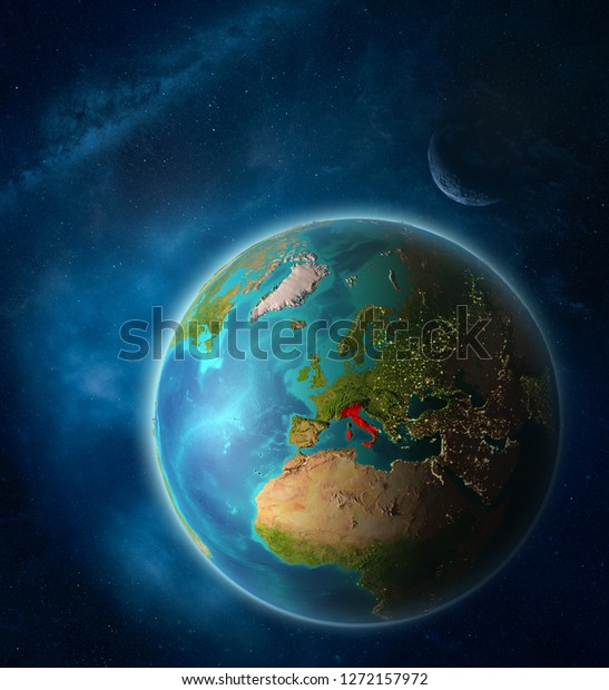 Italy from space on\
planet Earth in space with Moon and Milky Way. Extremely fine\
detail of planet surface. 3D illustration. Elements of this image\
furnished by NASA.