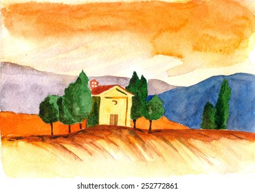 Italy Tuscany. Hand drawn watercolor painting landscape
