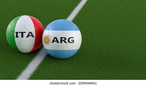 Italy vs. Argentina Soccer Match - Leather balls in Italy and Argentina national colors. 3D Rendering