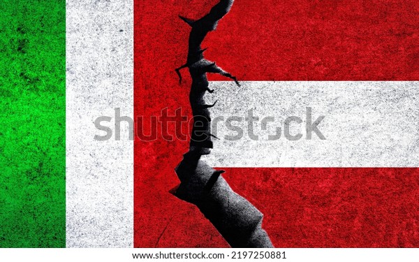 Italy vs Austria flags on a wall with crack.\
Austria Italy relations. Italy Austria conflict, war crisis,\
economy, relationship, trade\
concept