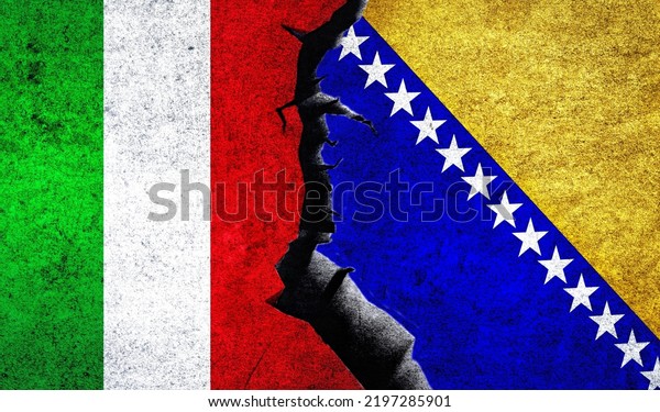 Italy vs Bosnia and Herzegovina flags on a wall\
with crack. Italy Bosnia and Herzegovina conflict, war crisis,\
economy, relationship, trade\
concept