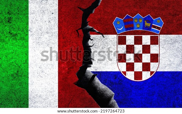 Italy vs Croatia flags on a wall with crack.\
Croatia Italy relations. Italy Croatia conflict, war crisis,\
economy, relationship, trade\
concept