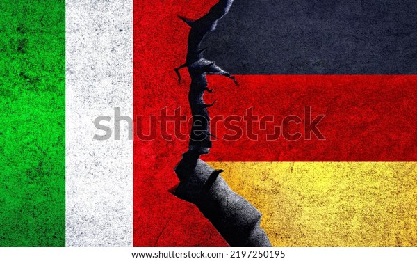 Italy vs Germany flags on a wall with crack.\
Germany Italy relations. Italy Germany conflict, war crisis,\
economy, relationship, trade\
concept