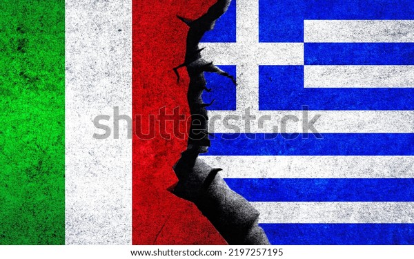 Italy vs Greece flags on a wall with crack.\
Greece Italy relations. Italy Greece conflict, war crisis, economy,\
relationship, trade\
concept