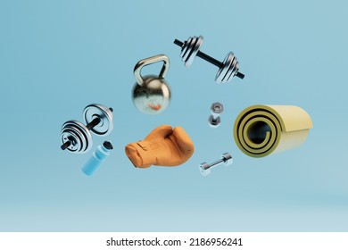 items for fitness activities in the gym.gold colored kettlebells, blue protein shake shaker, boxing glove, fitness mat on a blue background.3d render.3d illustration - Powered by Shutterstock